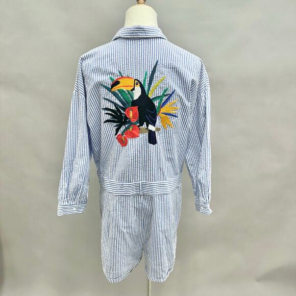 Zara striped seersucker embroidered toucan parrot utility jumpsuit Size Large - Picture 1 of 15